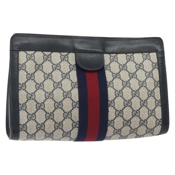 GUCCI GG Supreme Sherry Line Clutch Bag PVC Navy 37 014 2125 Auth BA3876 - Picture 1 of 16